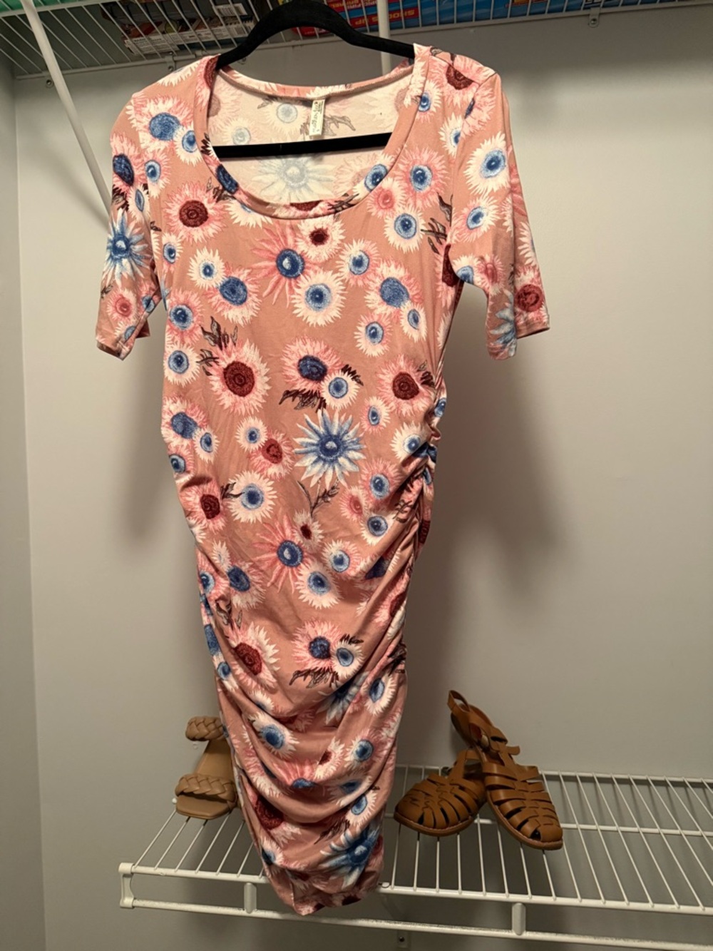 Mother Bee Maternity Pink Floral Midi Dress with Blue & Burgundy Flowers